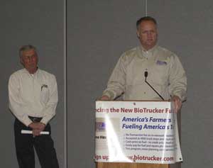 Verry, right, and George Martin, United Soybean Board director, answer questions at the BioTrucker Fuel Card press conference on March 25 at the Mid-America Trucking Show.