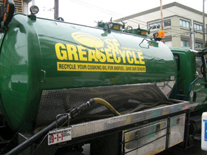 A SFGreasecycle truck collects used cooking oil from area restaurants.