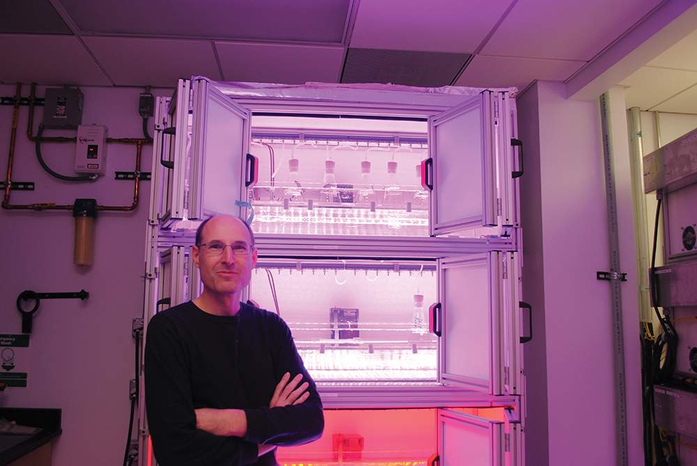 EFFICIENT RESEARCH: Danforth Center algae researcher Jim Umen says to replicate what his algae farm lab does with photobioreactors (PBRs), he would need about 250 PBRs at a cost of more than $10 million. 
