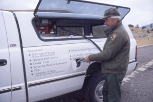 Evanoff fuels a truck with biodiesel at the Mammoth Hot Springs in October 1995. Evanoff helped Yellowstone National Park become the first national park to use biodiesel.