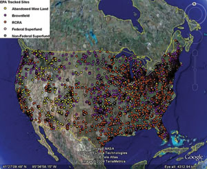 The Google Earth Renewable Energy Interactive Map allows users to identify contaminated lands across the U.S. that hold promise for renewable energy development./SOURCE: GOOGLE EARTH