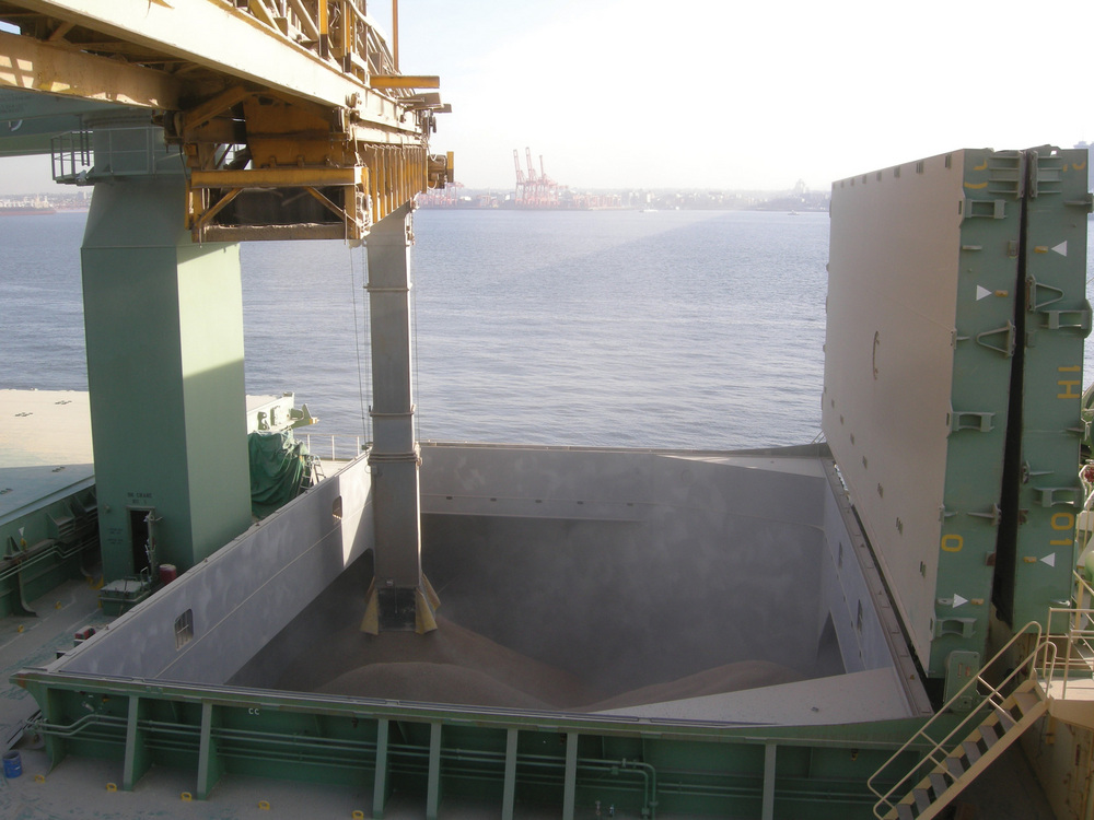SHIPSHAPE: Pellets destined for the export market are poured into a ship's holding area at the Port of Vancouver.  