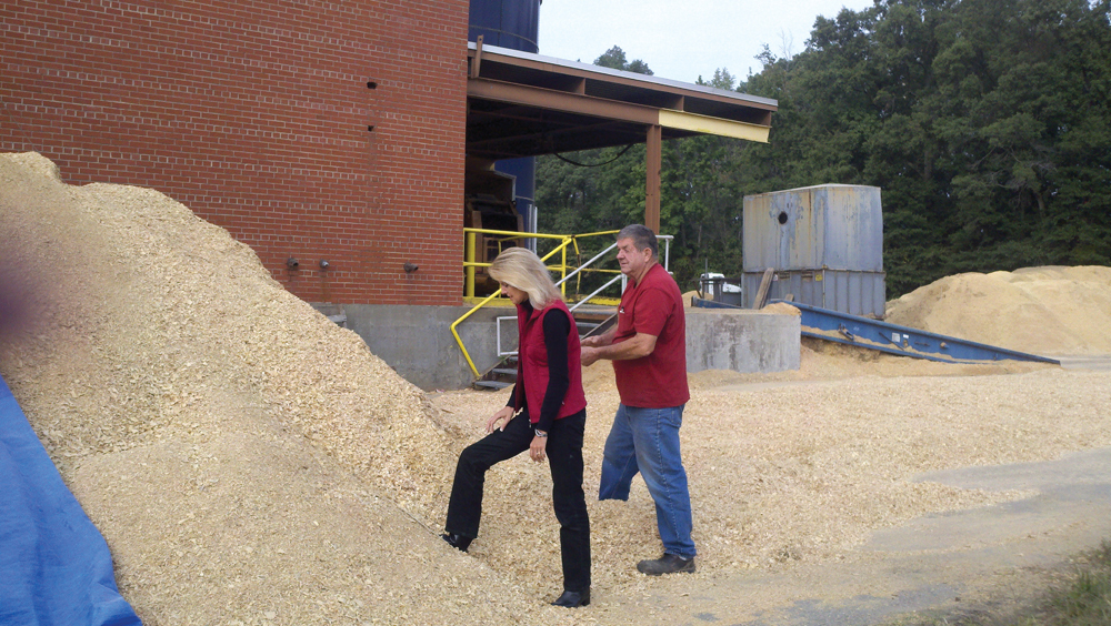 PELLET PRODUCERS: Lori Tiller, Equustock Virginia director, and Frank Perry, plant operations engineer, survey an incoming load of fiber at the plant. 