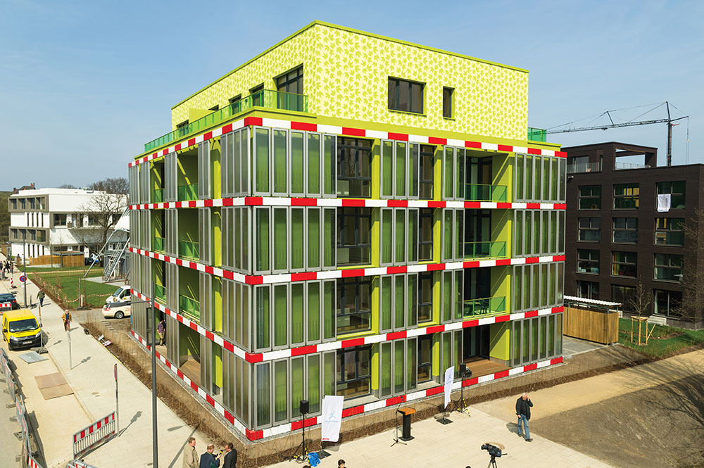 SUN SUCKER:Two exterior walls of the BIQ apartment complext in Hamburg, Germany, are made of bioreactors that capture sunlight to produce heat, and grow for algae for biogas production.