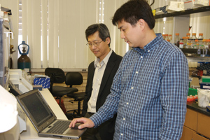 James Liao and postdoctoral fellow Shota Atsumi, foreground, in the laboratory at UCLA where E. coli has been engineered to produce butanol.