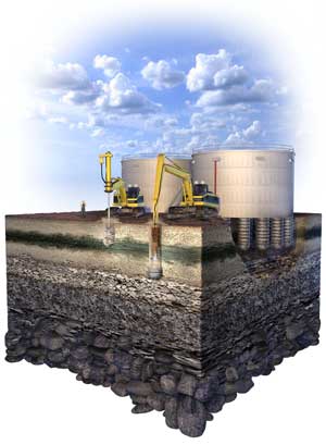An illustration of the Rammed Aggregate Pier elements used to support biofuel tanks.