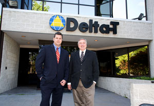 Rob Swain, left, and Bibb Swain outside the new Delta-T headquarters in Williamsburg, Va.