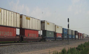 Shipping containers leave a loading site via rail.