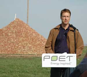Broin addresses the media at Poet's cob harvest day in October near Hurley, S.D.