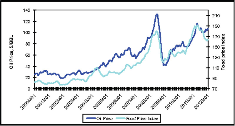 A chart displaying global crude prices (per barrel) overlaid with data from the United Nations monthly food price index illustrates the true cause of food price inflation. 