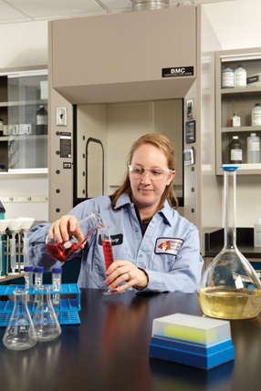 Lindsay Kuhn, lab manager at Homeland Energy Solutions LLC, works in the 140 MMgy ethanol plantâ€™s laboratory. 