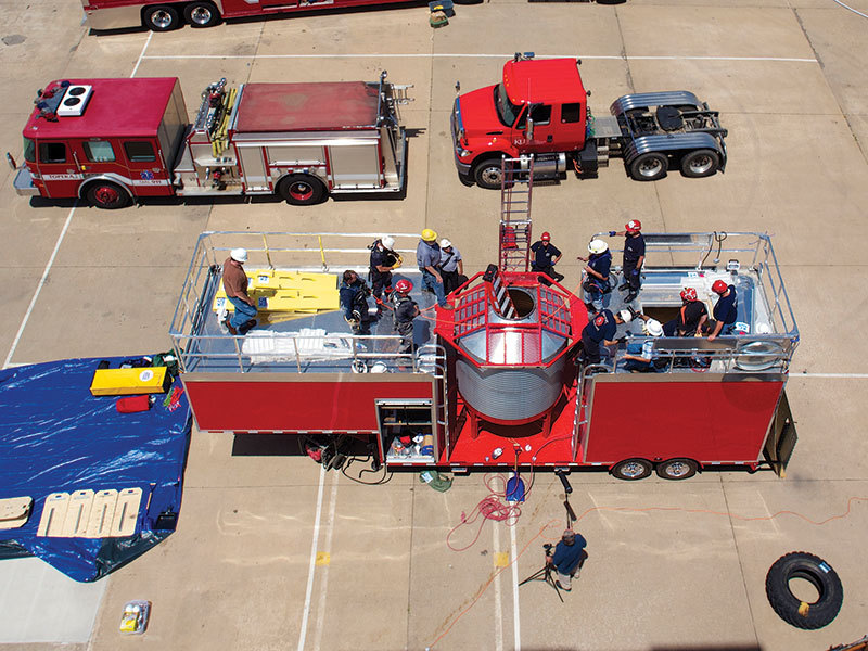 Emergency Preparedness  Kansas Fire and Rescue Training Institute provides instruction to fire departments and local grain companies. Here, students use the 35-foot rescue trailer to simulate a grain engulfment rescue.