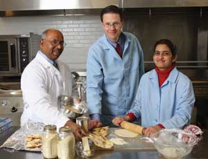 Padmanaban Krishnan, Kurt Rosentrater and Sowmya Arra form the team at SDSU studying flour made from distillers dried grains. Photo: Eric Lanwehr 