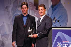Jeff Broin, on the right, CEO of Poet LLC, was recognized for his pioneering vision, leadership and unstoppable pursuit of industry growth in receiving the 2010 FEW High Octane Award from BBI International Vice President Tom Bryan, far left, at the e
